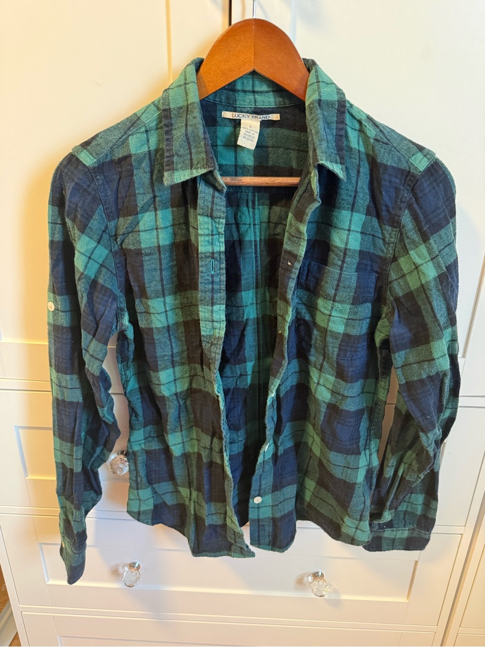 Lucky Brand Women's Blue and Green Plaid Button-Down Shirt